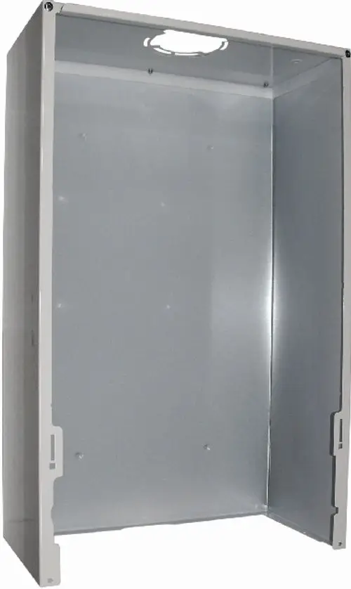 Graues Chassis von Wolf, offen gestaltet, ohne Rückwand oder Deckel, für die Montage von Geräten oder Komponenten im Innenbereich geeignet.